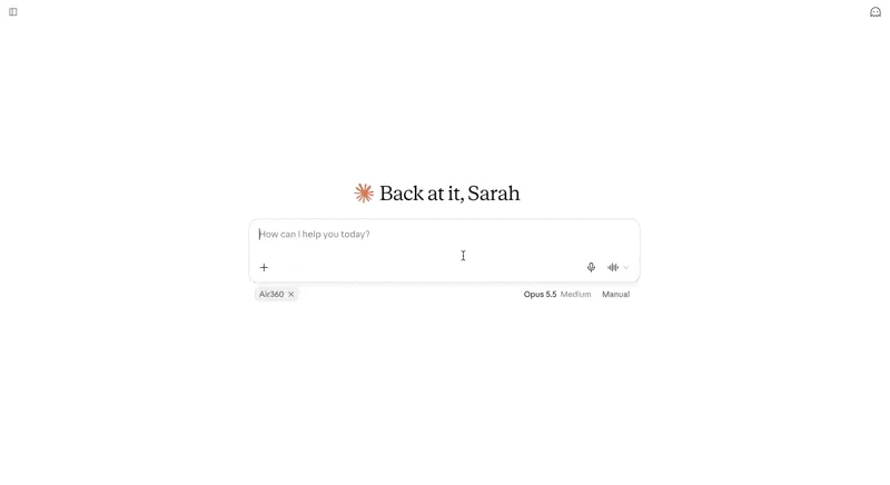 AIアシスタントにAir360 MCPをコネクタとして追加する様子